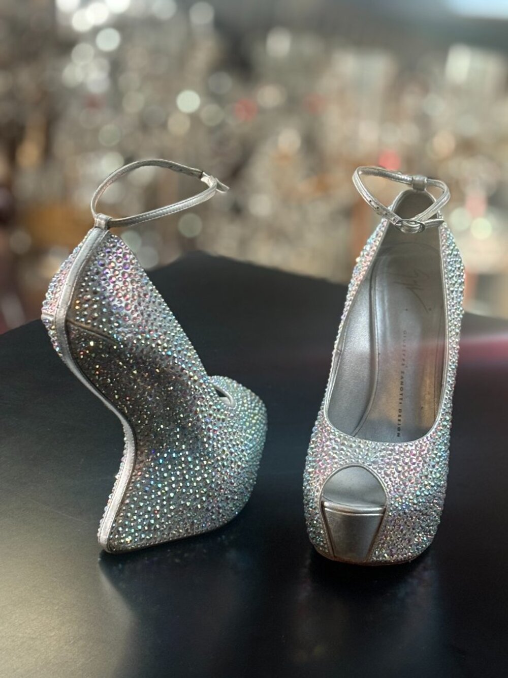 Authentic Giuseppe Zanotti Swarovski Crystal Peep-Toe Sculpted Wedge Platform